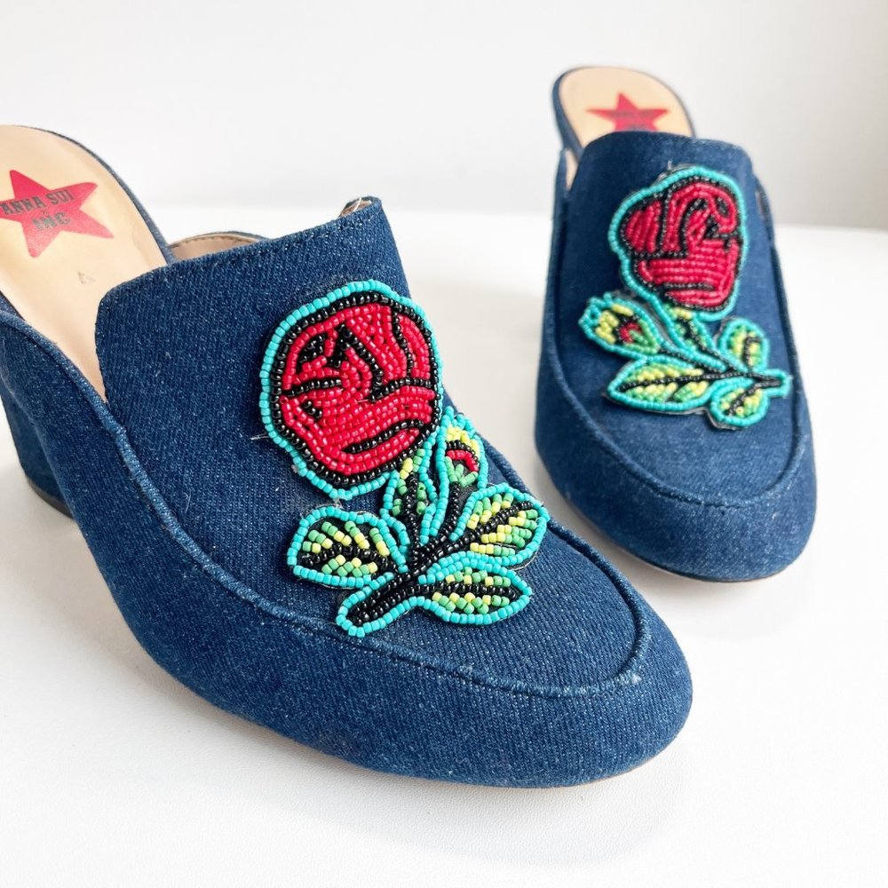 Anna Sui x INC | Denim Beaded Floral Rose Heeled Mules | 7.5
